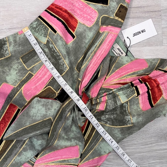 NWT Jason Wu Abstract Print Linen Blend Faux Wrap Midi Green & Pink Dress Size 4 - Picture 13 of 15